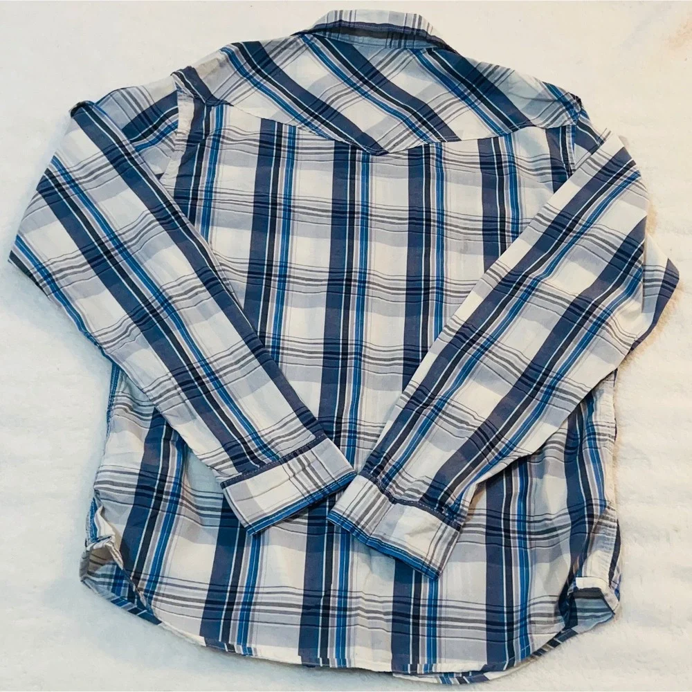 Aeropostale Mens Blue White Plaid Western Pearl Snap Button Down Shirt Medium